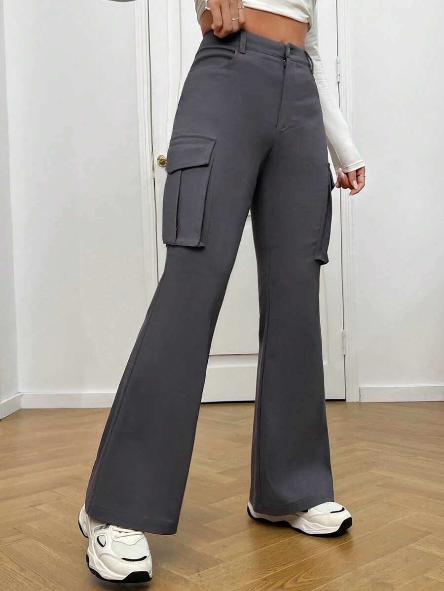 SHEIN EZwear 有蓋口袋側喇叭褲 - 灰色 - 查看 1