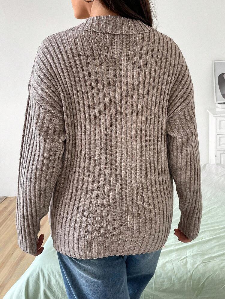 Plus Button Detail Drop Shoulder Sweater Knit Pullover Fall Winter Sweater