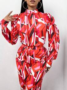 VaVaBold Geo Print Mock Neck Puff Sleeve Blouse