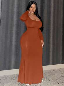 Slaydiva Hơn Cổ vuông Nàng tiên cá Hem Váy bodycon - Màu Cam san hô - Xem 4