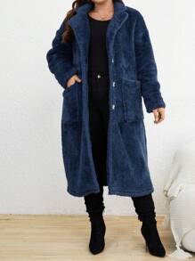 SHEIN LUNE 大碼雙口袋落肩袖法蘭絨外套 - 藏蓝色 - 查看 3