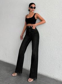 SHEIN بنطلون جينز نسائي بخصر عالي وساق مستقيمة بأسلوب كاجوال مع أزرار أمامية، مقاس طويل، لون أسود، للاستخدام اليومي والعمل في فصل الخريف - الأسود - مشاهدة 6
