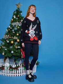 LOONEY TUNES X SHEIN Christmas Pattern Drop Shoulder Sweater - Black - View 5