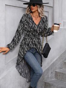 SHEIN LUNE Allover Print High Low Hem Blouse - Black - View 1