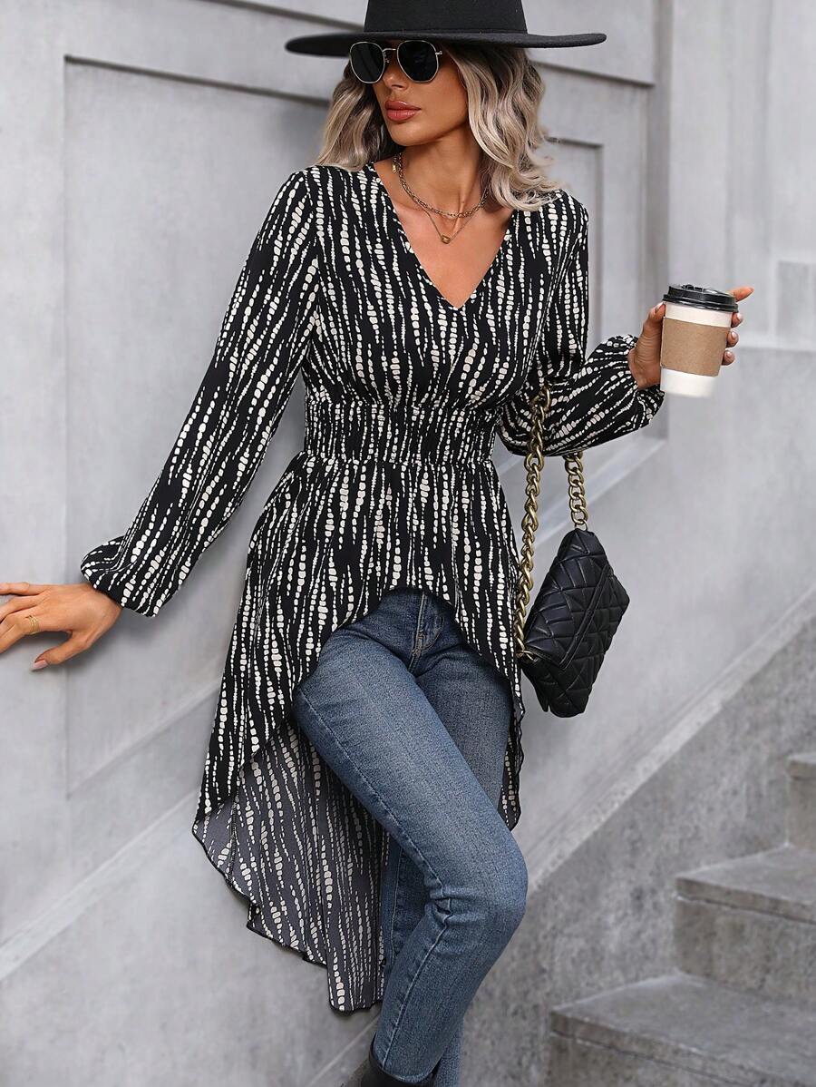 SHEIN LUNE Allover Print High Low Hem Blouse - Black - View 1