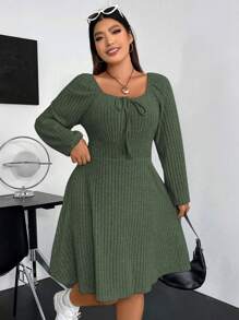 Vionelle Plus Knot Front Lantern Sleeve Ribbed Knit Dress Fall Cloth For Women - Army Green - View 3
