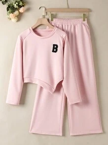 SHEIN Cô gái Tween Thư được vá Tay Raglan Viền không đối xứng Áo thun & quần - Hồng - Xem 1