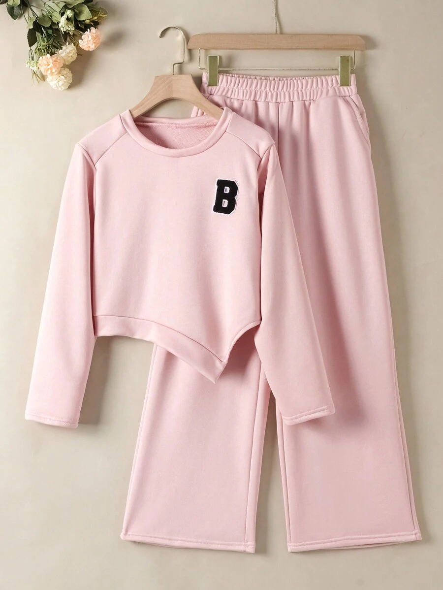 SHEIN Cô gái Tween Thư được vá Tay Raglan Viền không đối xứng Áo thun & quần - Hồng - Xem 1