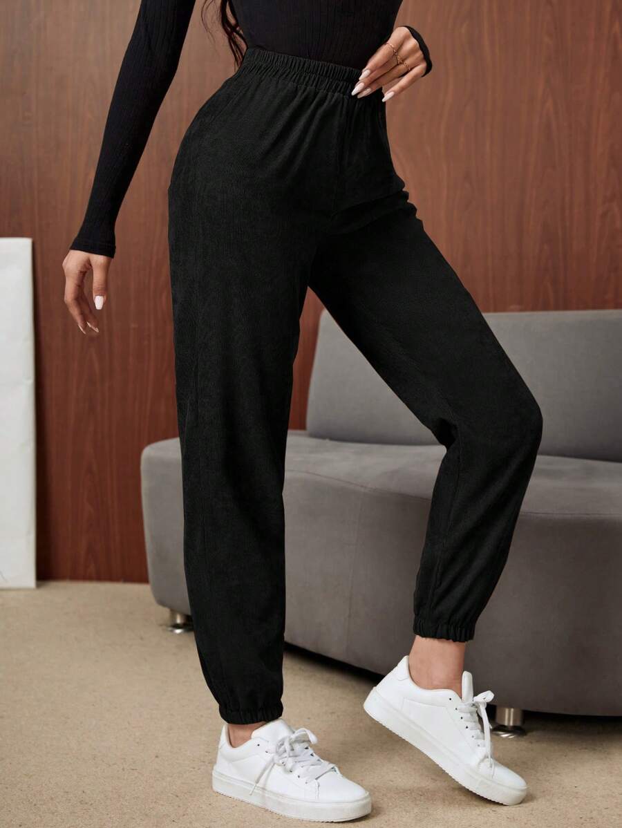 SHEIN LUNE Women Solid Color Daily Wear Elastic Waist Pants - Black - View 1