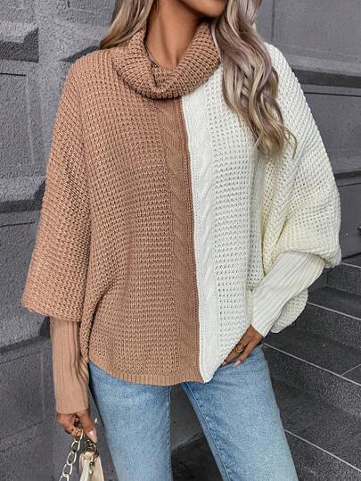 Two Tone Cowl Neck Batwing Sleeve Knit Pullover Fall Winter Sweater
