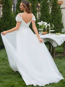 貼花挖肩網紗婚紗洋裝 - 米色 - 查看 3