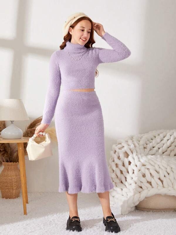 SHEIN Teen Girl Turtle Neck Crop Sweater & Mermaid Hem Knit Skirt