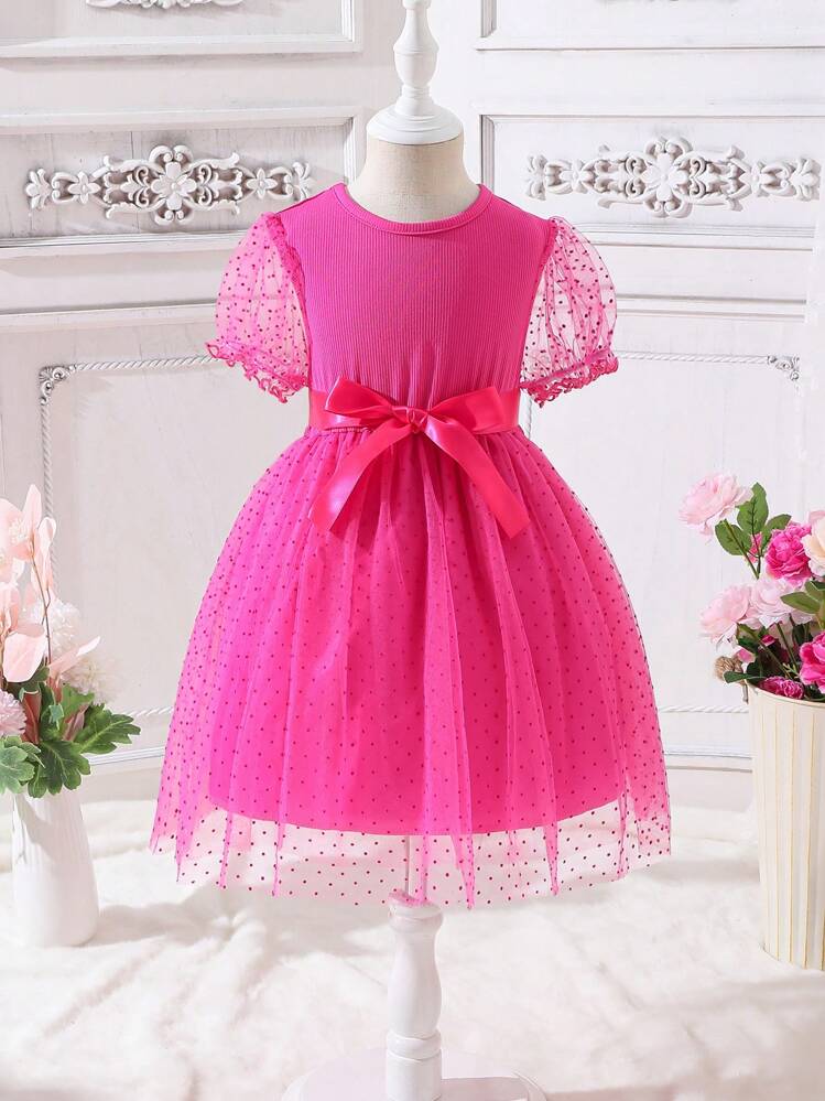 SHEIN Pouco Garotas De Bolinhas Malha Vestido Com Laço - Rosa Quente - Ver 1