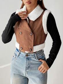 SHEIN EZwear Cổ áo Borg Đôi ngực Mùa vụ Áo khoác vest - màu nâu - Xem 3