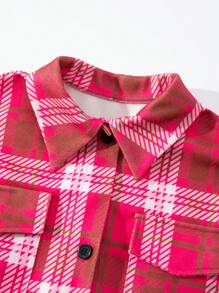 SHEIN Unity Plaid Print Flap Pocket Button Front Overcoat Fall Cloth For Women - Hot Pink - View 5