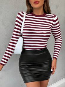 EURMUSE Women'S Striped Print Slim Fit Sweater - Red - View 3
