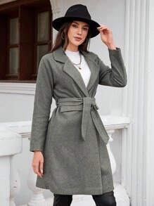 SHEIN Cottnline Lapel Neck Belted Overcoat - Grey - View 5
