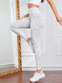 Leopard Print Wide Waistband Sports Leggings - Multicolor - View 1