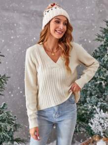 GENKIRA Solid V-Neck Raglan Sleeve Knit Pullover Fall Winter Sweater - Apricot - View 3