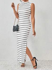 SHEIN Privé Striped Print Mock Neck Split Hem Dress - White - View 5