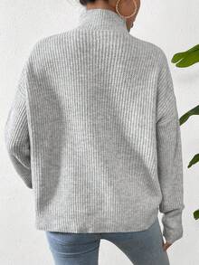 SHEIN Essnce Jersey con patrón de gato de cuello alto de hombros caídos - Gris - Ver 2