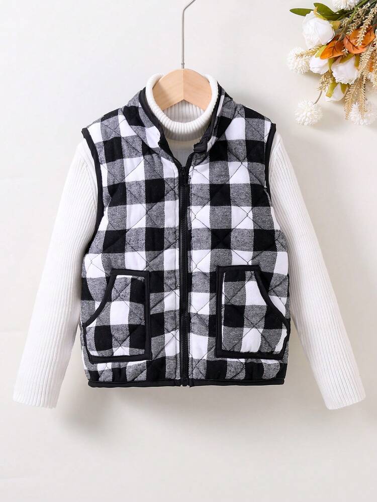 Young Girl Plaid Printed Zip-Up Vest Padded Coat