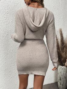 SHEIN Privé Cable Knit Drop Shoulder Hooded Sweater Dress - Apricot - View 2