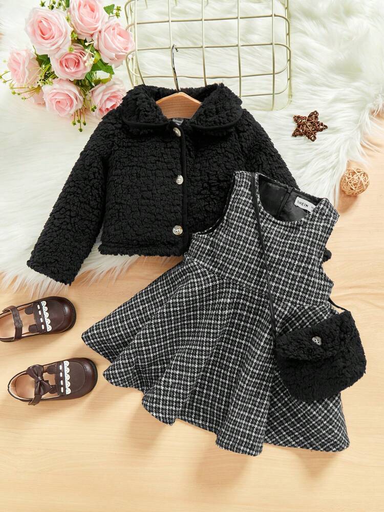 Baby Girl Houndstooth Print Dress & Teddy Jacket & Bag