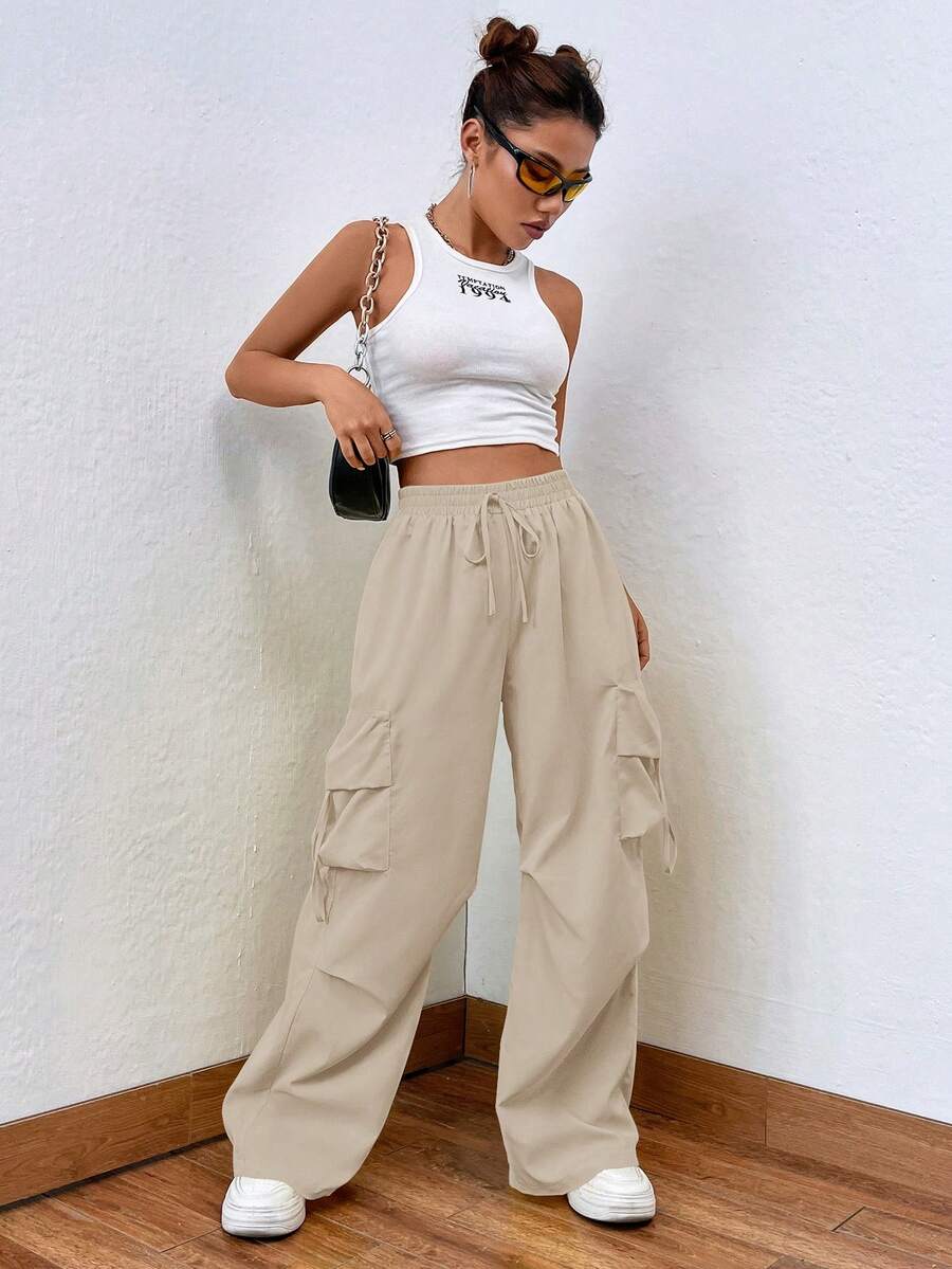 SHEIN Unity Flap Pocket Side Drawstring Waist Cargo Pants - Apricot - View 1