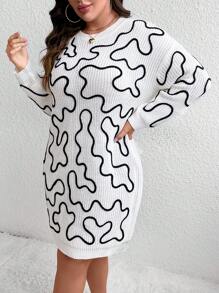 SHEIN Unity Plus Allover Pattern Drop Shoulder Sweater Dress Without Belt - Multicolor - View 5