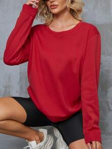 SHEIN LUNE 素色落肩袖運動衫 - 紅色 - 查看 6