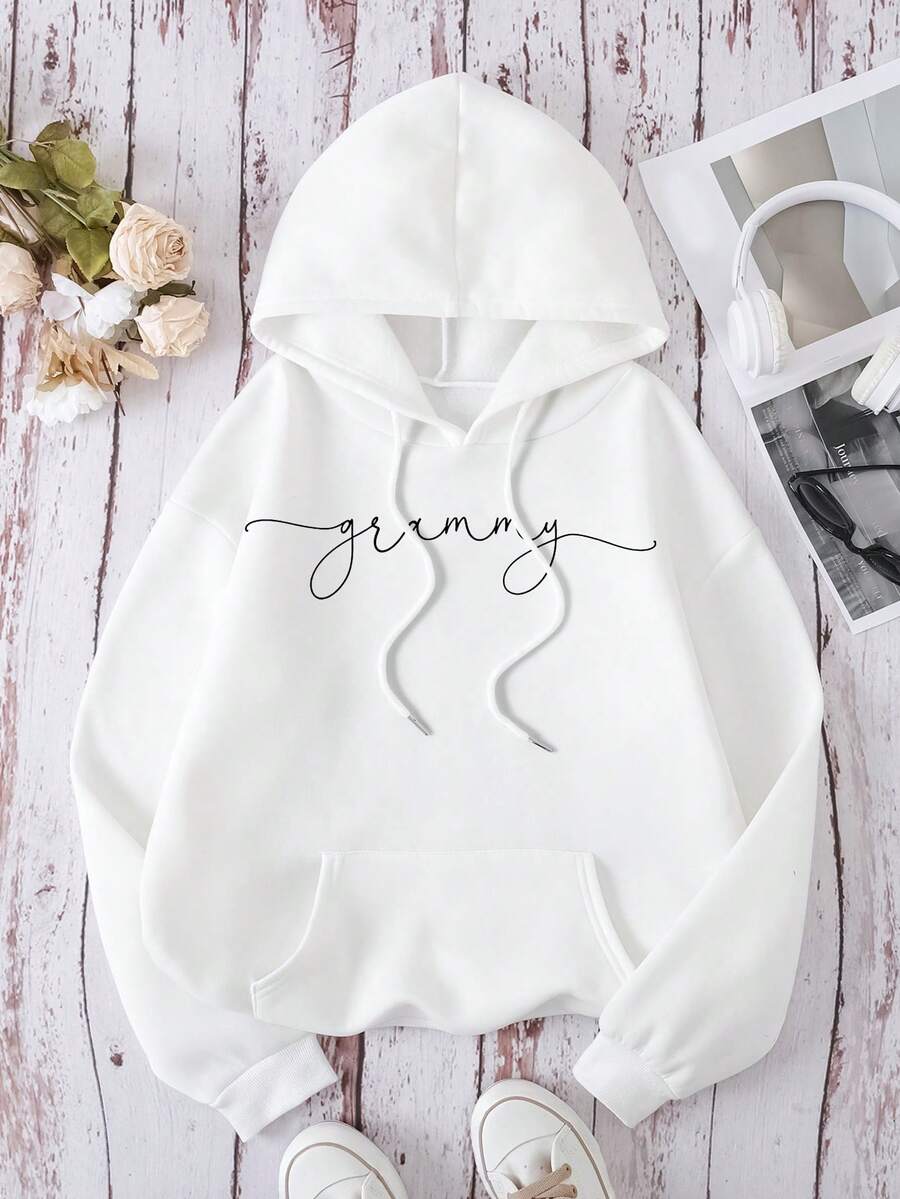 SHEIN EZwear Đồ họa Chữ cái Túi kangaroo Dây rút Lót nhiệt Hoodie - trắng - Xem 1