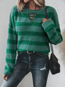 SHEIN LUNE Striped Pattern Crisscross Cut Out Front Drop Shoulder Sweater Knit Pullover Fall Winter Outfit