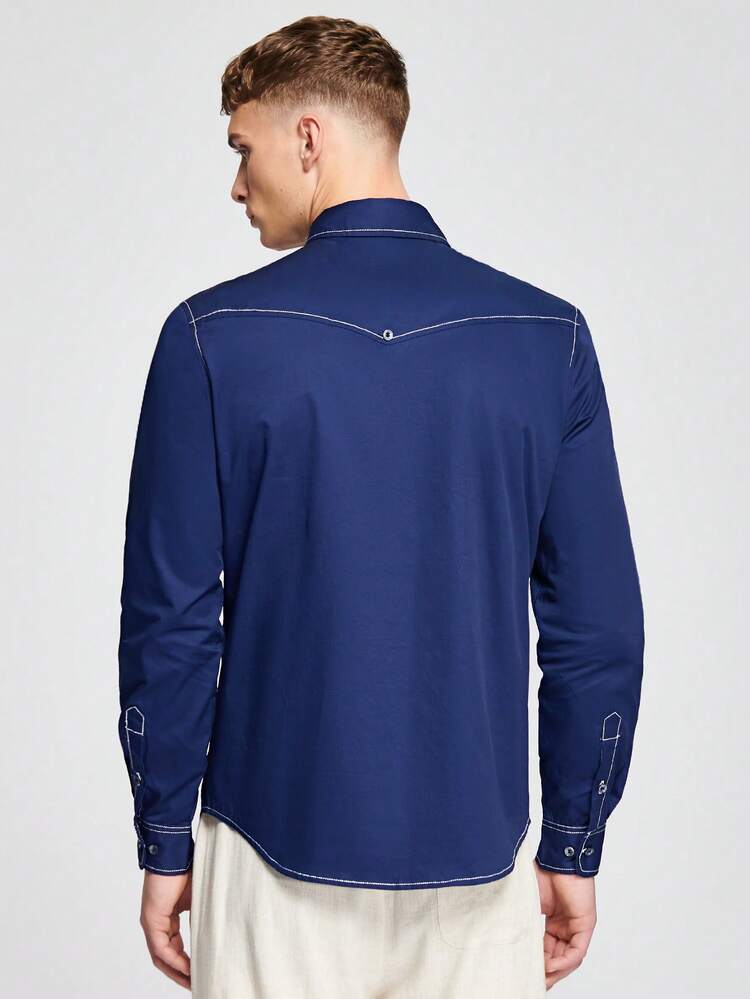 Loose Fit Men's Button Front Contrast Piping Shirt