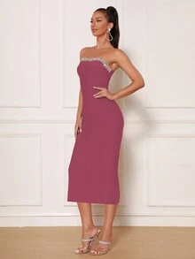 Modphy Rhinestone Detail Tube Bodycon Dress - Burgundy - View 3