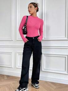 SHEIN Unity Solid Curved Hem Ribbed Knit Pullover Fall Winter Sweater - Pink - View 4