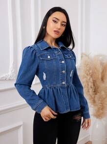 SHEIN Privé Cazadora mezclilla desgarro con diseño de solapa peplum