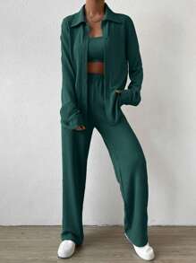 SHEIN EZwear Top bandeau unicolor con pantalones & Camisa de hombros caídos con botón delantero - Verde Oscuro - Ver 5