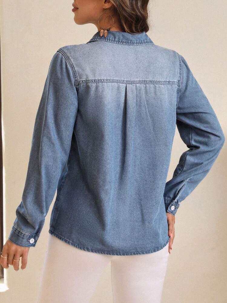 Lace Up Front Flap Pocket Denim Blouse