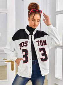 SHEIN 青少年女孩1入組字母圖案雙色落肩袖飛行員夾克 - 黑與白 - 查看 6
