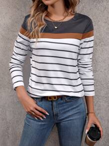 EMERY ROSE Striped Print Colorblock Tee - Dark Grey - View 6