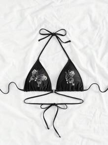 Black Halter Thin Strap Bikini Top With Rhinestones - Black - View 3