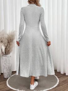 SHEIN LUNE Solid Mock Neck Ribbed Knit A-line Dress - Grey - View 2