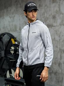 Gym Rark Men Letter Graphic Raglan Sleeve Hooded Sports Jacket Workout Tops Sports Jacket - Light Grey - View 8