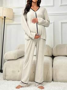 SHEIN Maternity Contrast Binding Lounge Set - Beige - View 3