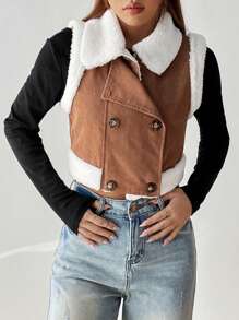 SHEIN EZwear Cổ áo Borg Đôi ngực Mùa vụ Áo khoác vest - màu nâu - Xem 6