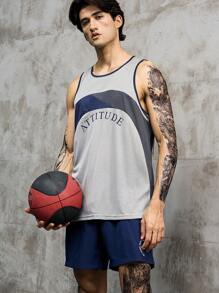 SHEIN Riding Men Letter Graphic Contrast Binding Sports Set Jersey Basketball Jersey Menmens Singletssports Wear For Menbasketball Jerseymens Sports Wear