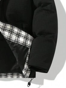 Men Plaid Lined Drawstring Hem Padded Coat, Warming - Black - View 3