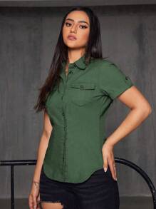 SHEIN Privé 素色翻蓋口袋牛仔襯衫 - 軍綠色 - 查看 4