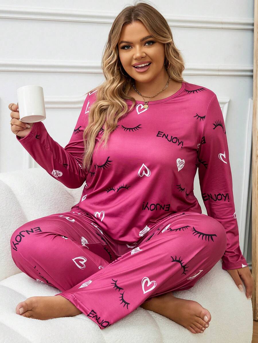 Plus Heart & Eyelash Print PJ Set - Hot Pink - View 1